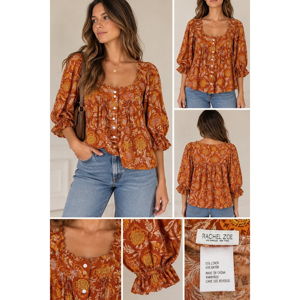 Rachel Zoe Linen Blend Floral Peasant Blouse Rust Orange Boho Cottagecore